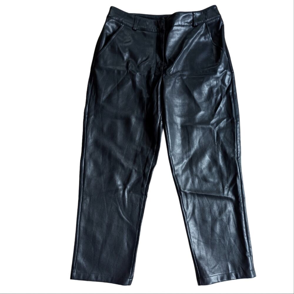 7 For All Mankind High Rise Straight Cropped Black Vegan Faux Leather Pants